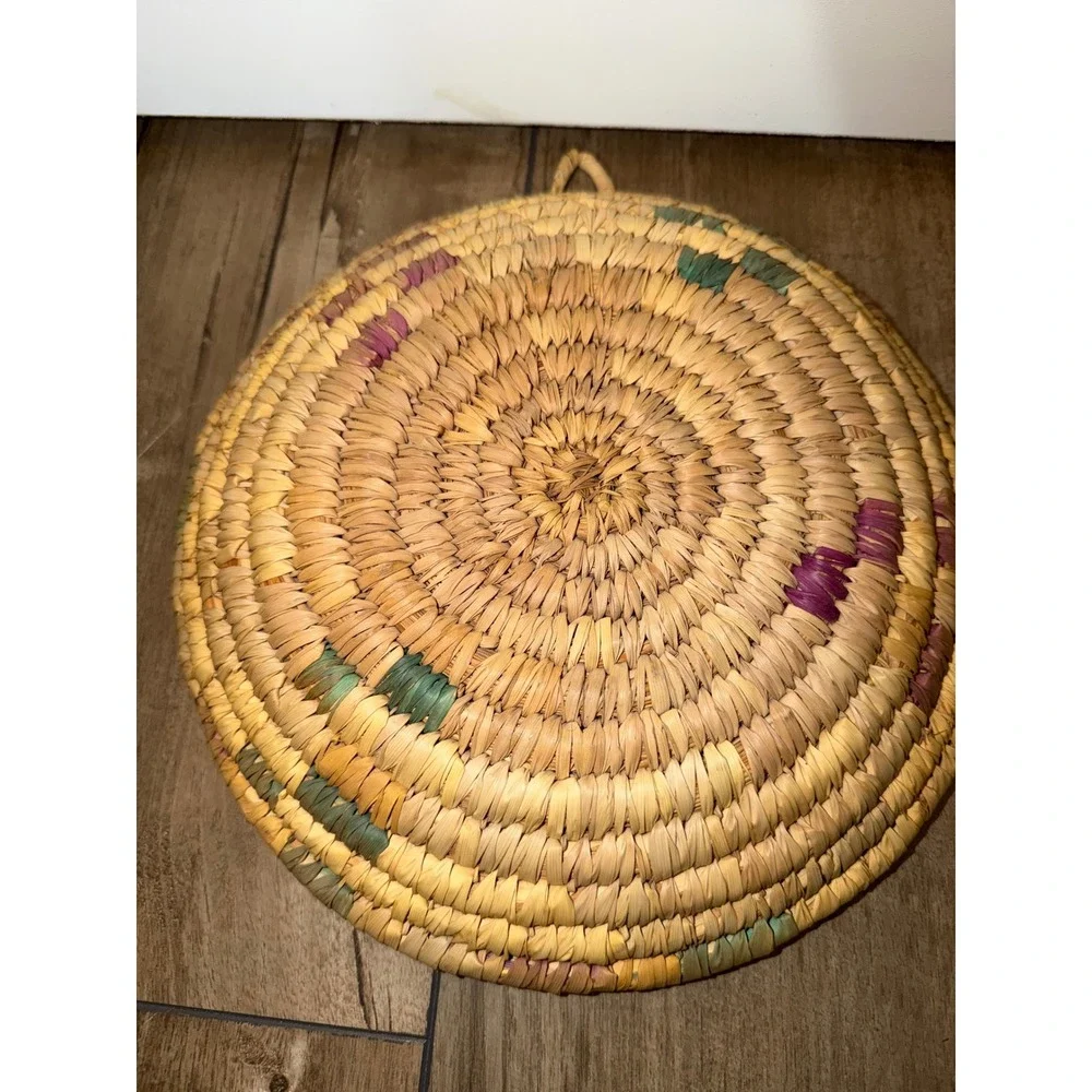 Vintage Hand Woven Coiled Straw Wall Hanging Basket Tray Boho Decor 12
